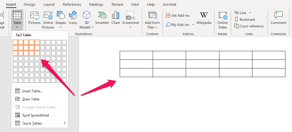 how to insert a table in word over text