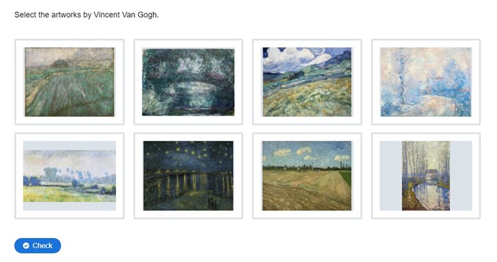 Eight paintings by Vincent Van Gogh and Claude Monet.