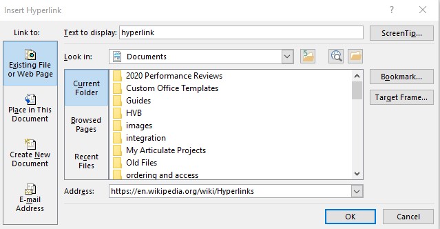 This image shows the Hyperlink dialog box in Word.