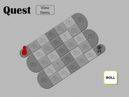 This image shows the User Interface of Cognella's Active Learning Quest activity. This shows the board, with the roll dice button and view items button.