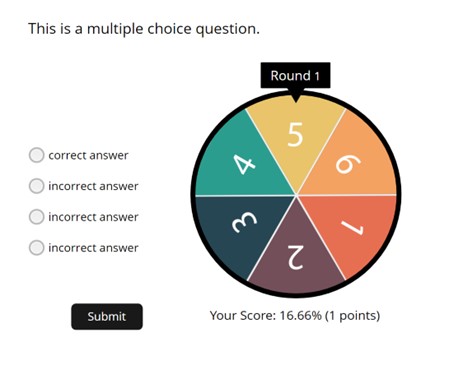 This image shows the User Interface of Cognella's Active Learning Spin the Wheel activity. Once the wheel lands on one of the six options, the player must answer a multiple choice question.