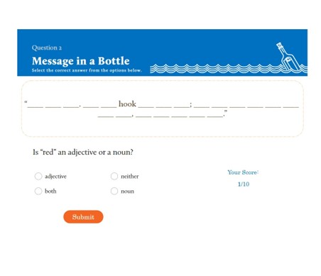 This image shows the User Interface of Cognella's Active Learning Message in a Bottle activity. The player must answer multiple choice questions to decipher the message in a bottle.