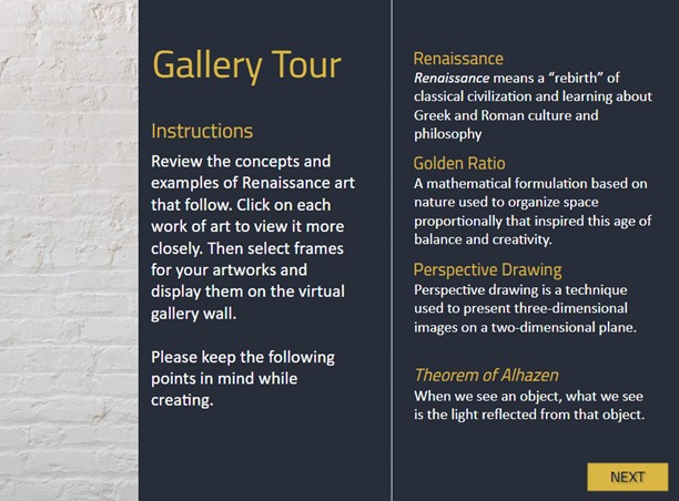 Screenshot of the gallery tour activity.