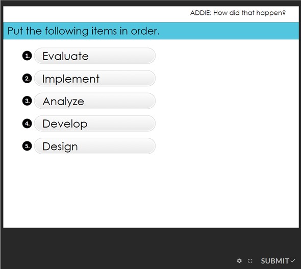 A component of a sample process activity titled "ADDIE: How did that happen?" The directions read, "Put the following items in order." The five items are shown in randomized order: Evaluate, implement, Analyze, Develop, and Design.