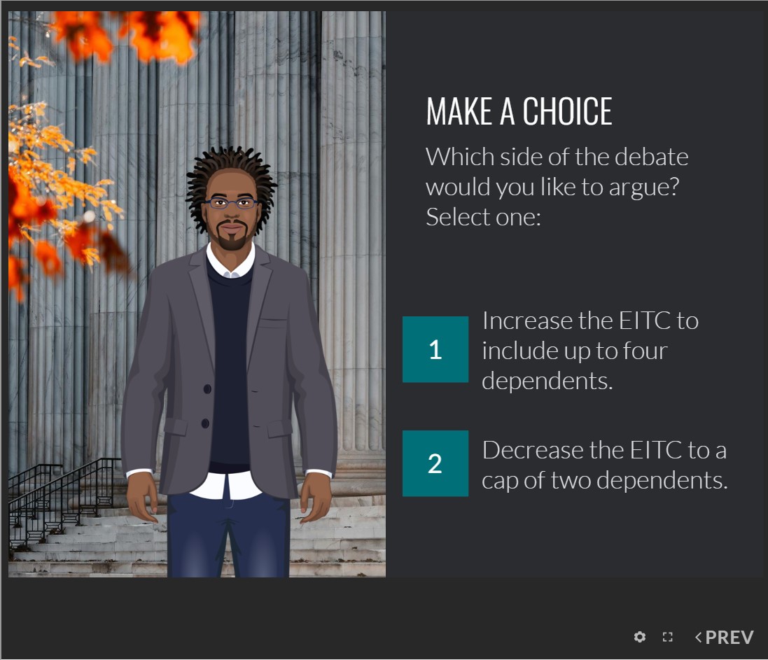 A screenshot of a decision point in a debate activity: choose which side of the debate to argue.